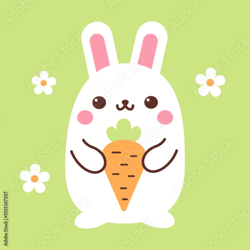Cute bunny with carrot and flowers vector illustration. Cartoon character in kawaii style and elegant pastel colors. Easter clipart design elements.