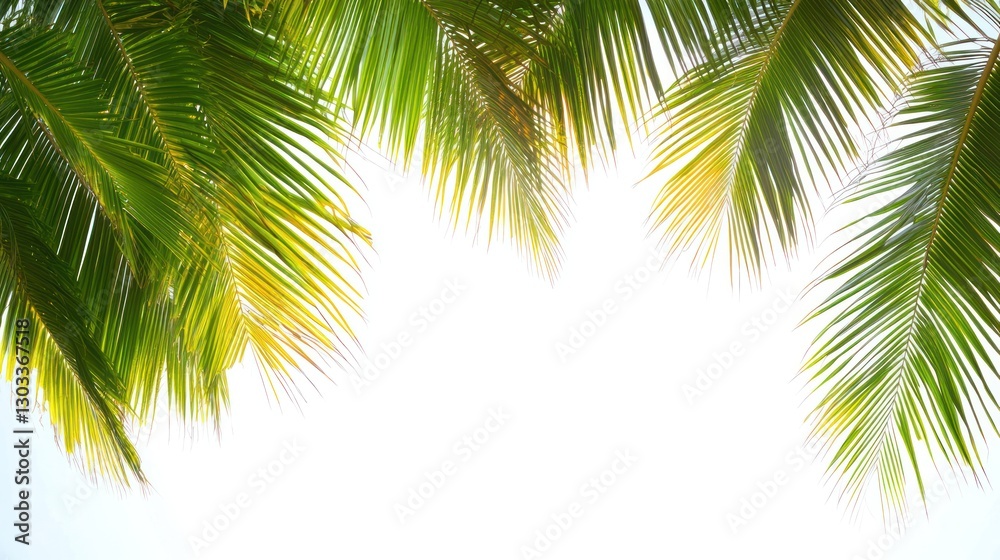 Fototapeta premium Lush green palm leaves frame a bright white background.