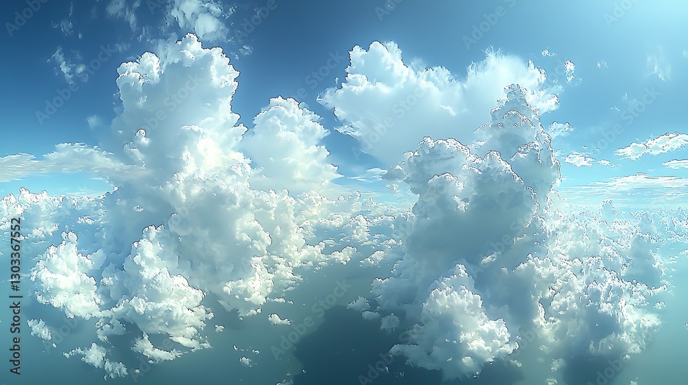 Obraz premium Aerial view, puffy clouds, ocean, bright sky