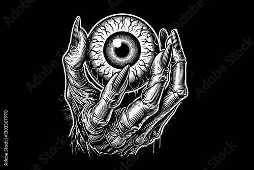 Dark art illuminati eye on hand black and white illustration