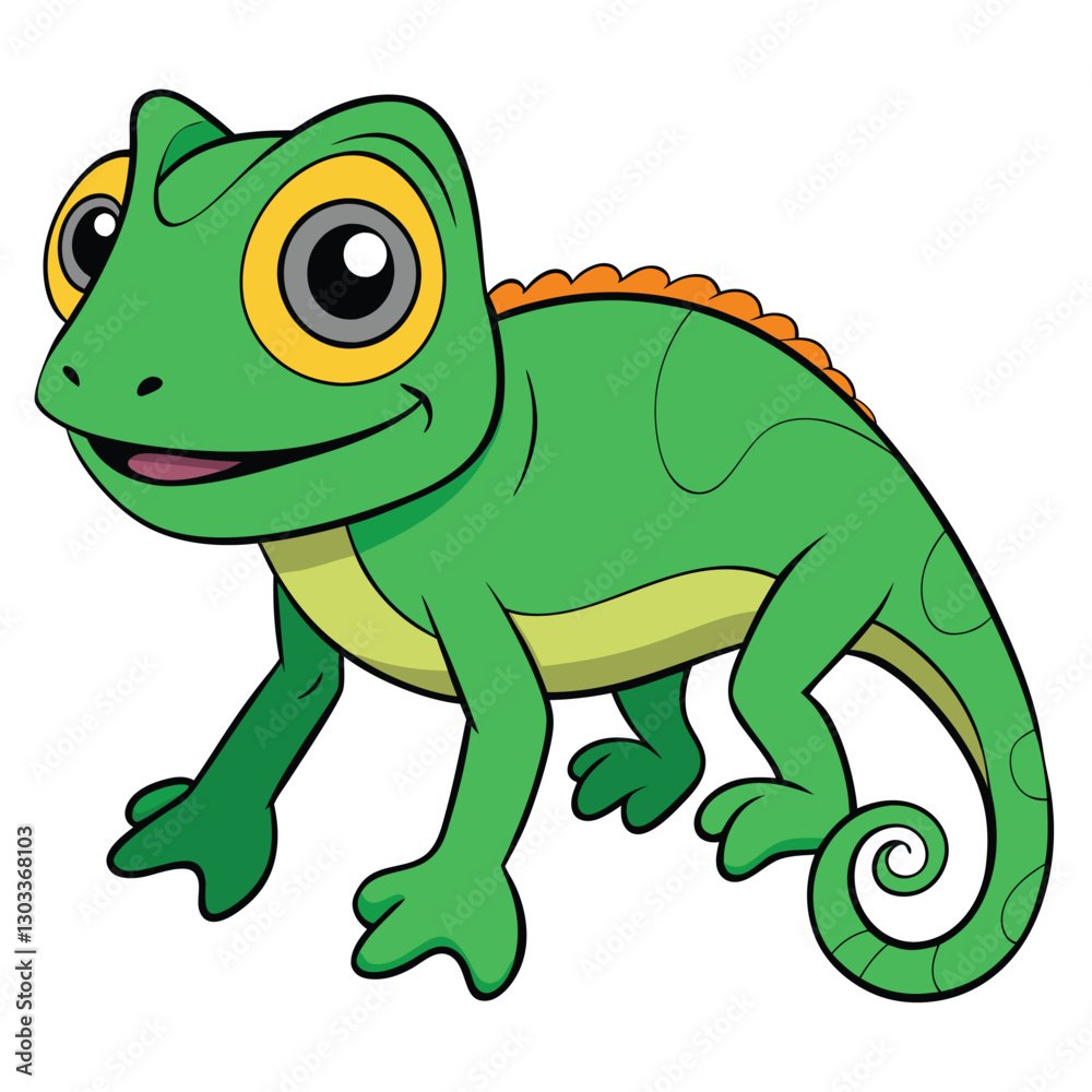 Obraz premium Chameleon, Green, Cartoon, Vector Illustration, White Background