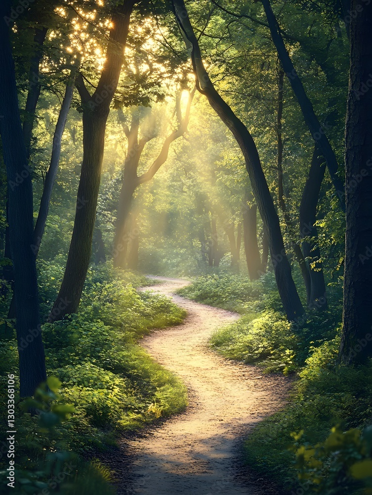 Obraz premium Sun-Kissed Path: A winding trail through a serene and enchanting forest, bathed in golden light.