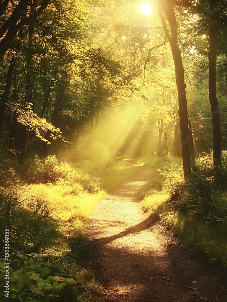 Sunlit Path Through a Verdant Forest, A Serene Nature Escape Sunlit Path Through a Verdant Forest, A Serene Nature Escape