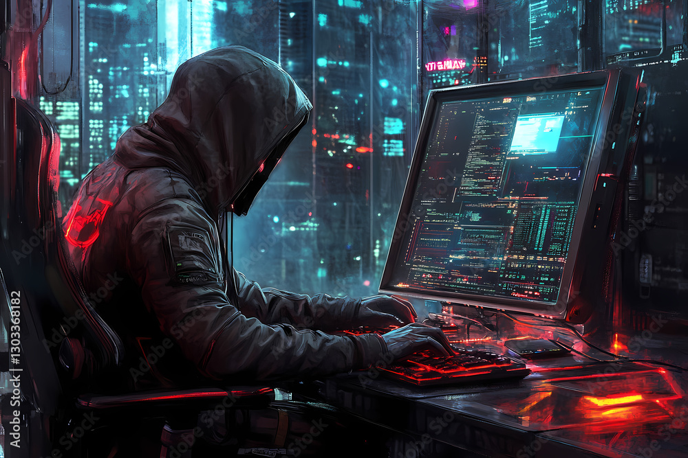Cyberpunk Hacker in Neon City: a cloaked figure intensely focused on computer screen with neon-lit backdrop of a futuristic city skyline. Cyberpunk Hacker in Neon City: a cloaked figure intensely focused on computer screen with neon-lit backdrop of a futuristic city skyline.