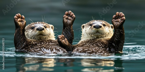 Playful otters floating on their backs in a river