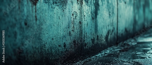 Water trickles down aged concrete wall in dark, damp environment