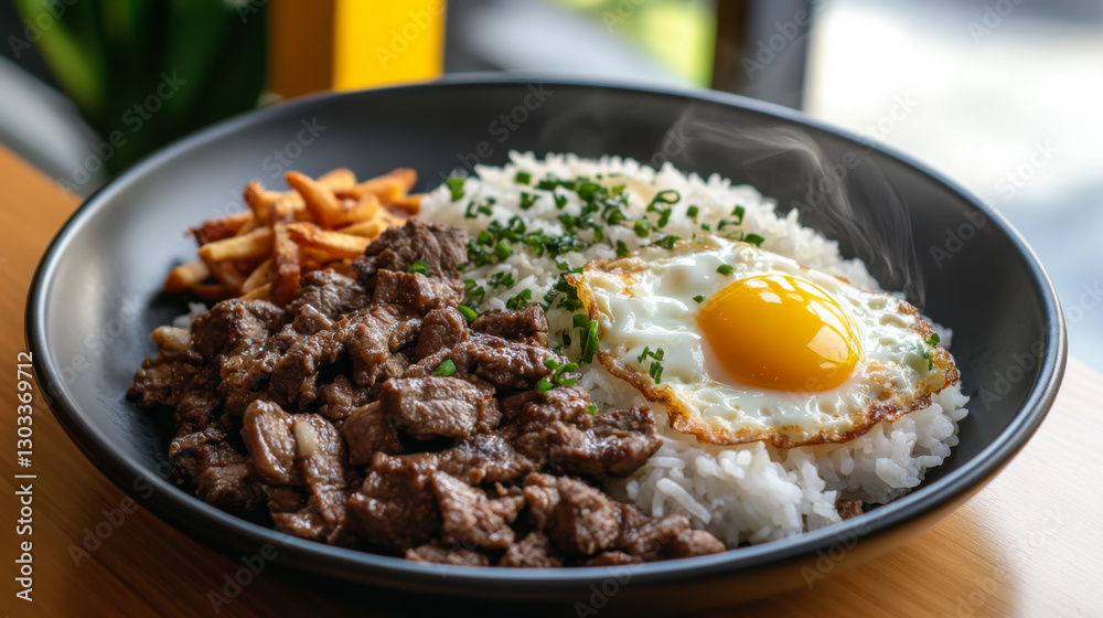 Delicious beef and egg rice bowl served fresh in a cozy restaurant during lunchtime Delicious beef and egg rice bowl served fresh in a cozy restaurant during lunchtime