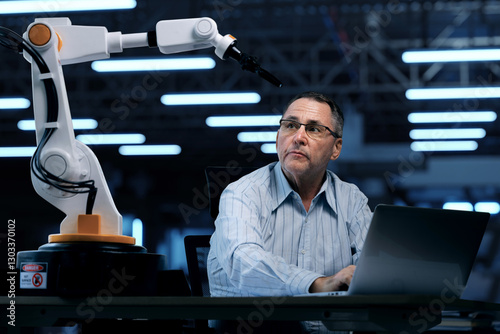 Obraz na płótnie Engineer Programming Robotic Arm in Futuristic Factory w salonie