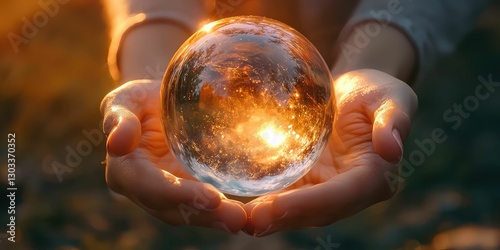 Radiant glowing crystal ball held carefully in warm hands