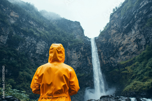 A tourist in a bright raincoat on the background of a waterfall in the mountains photo