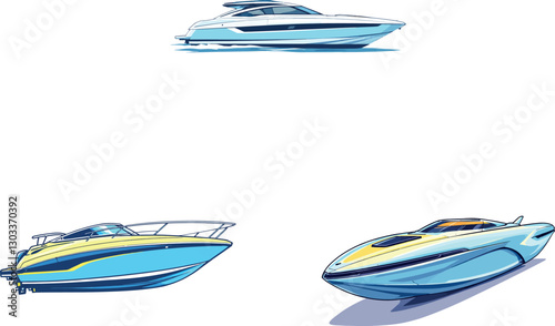 Set of modern luxury yachts and motorboats cruising on water