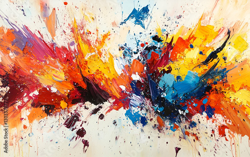 A vibrant abstract painting with splashes of orange, blue, and yellow, creating a dynamic visual experience.