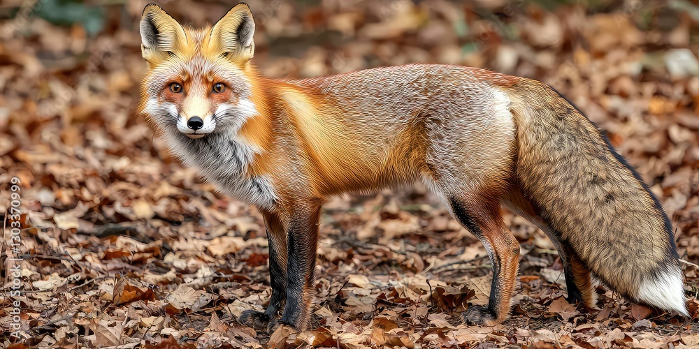 Fototapeta premium Red fox with a bushy tail standing in autumn leaves