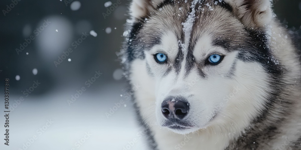 Naklejka premium Regal Siberian husky with striking blue eyes in the snow