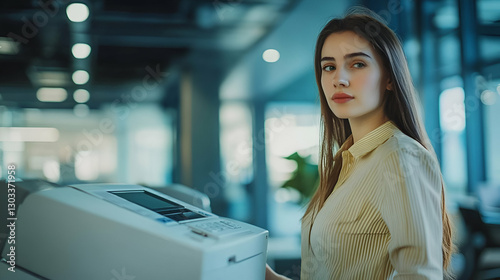 A young woman standing by a printer in a modern office, showcasing professionalism and workplace productivity.