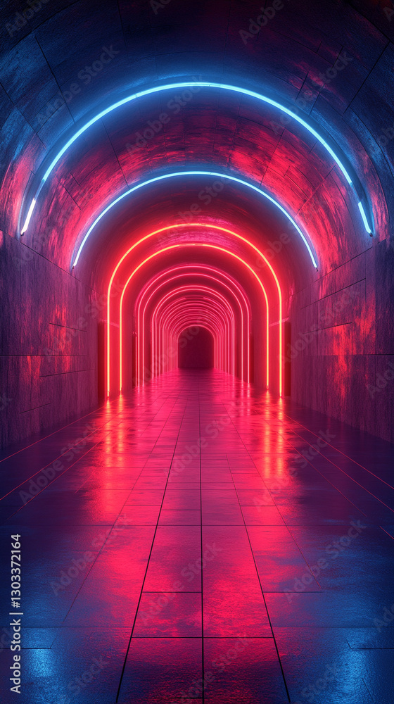 Fototapeta premium A glowing neon ring illuminates a dark tunnel, casting a futuristic and mysterious ambiance. The vibrant light contrasts with the shadowy surroundings, evoking a sense of infinity and transformation
