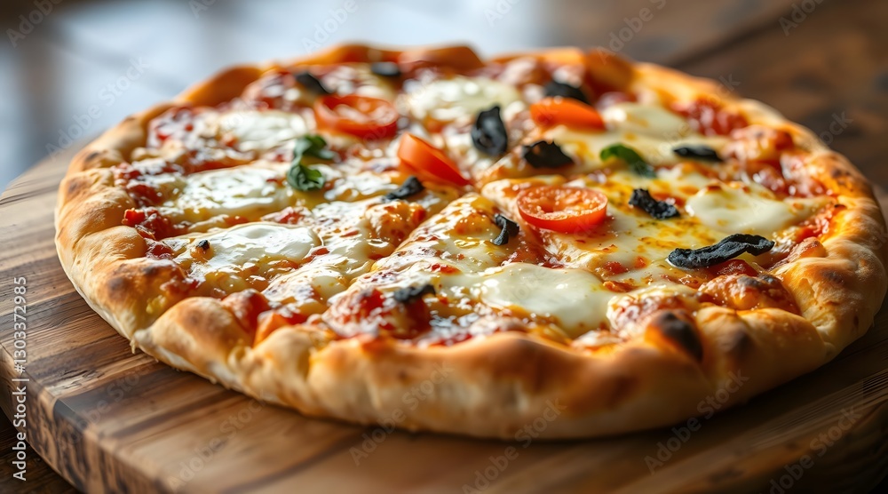 Gourmet pizza with fresh toppings and melted cheese served on a wooden board. Gourmet pizza with fresh toppings and melted cheese served on a wooden board.