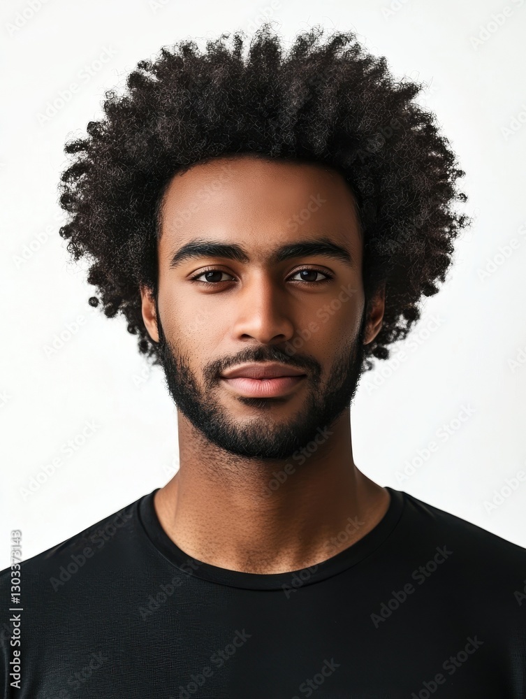 Fototapeta premium Portrait of dark skinned confident man with curly Afro hairstyle has calm face expression, looks directly at camera, being ready for serious conversation with employer, isolated over white background