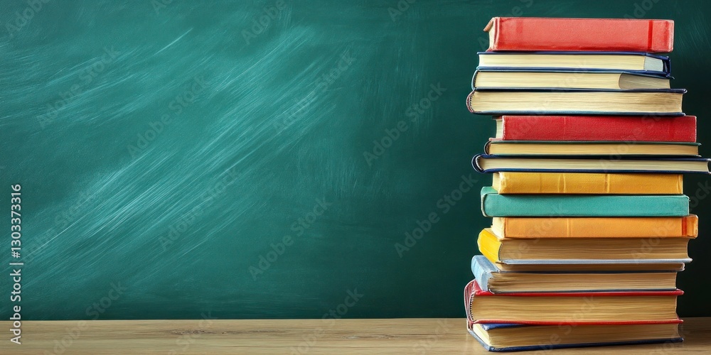 stack of books on the right side with an empty green chalkboard background, representing education and learning in a school or university setting