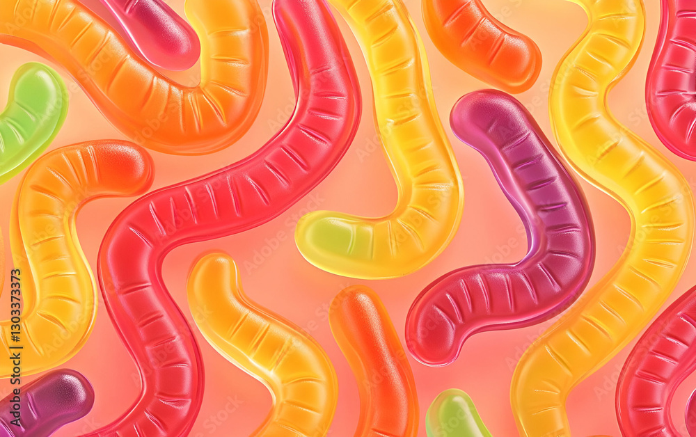 Fototapeta premium Colorful gummy worms scattered on a vibrant background, perfect for sweet treats and candy promotions.