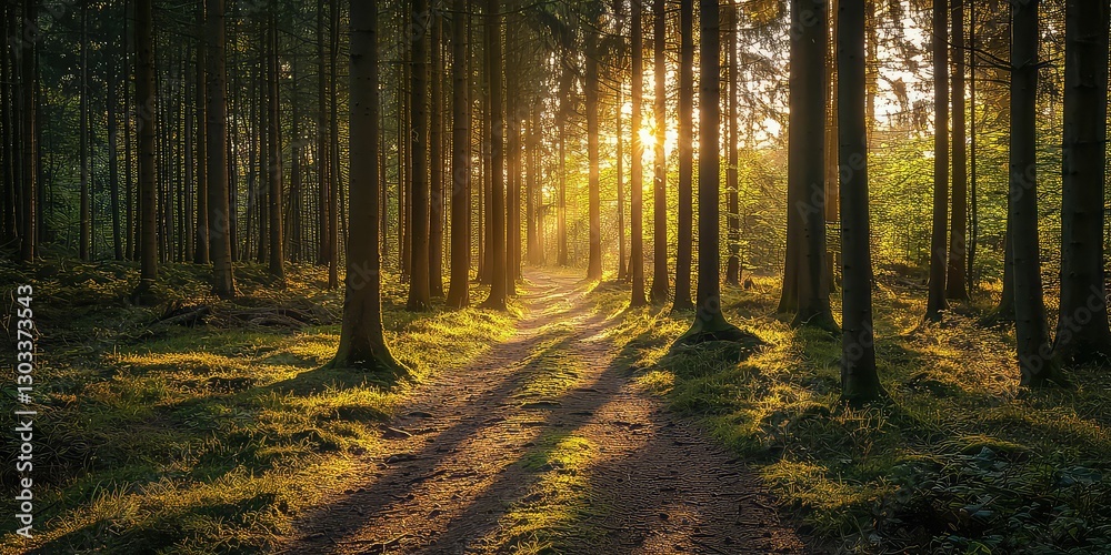 Obraz premium Silhouetted tree trunks and soft golden light dancing on forest trails