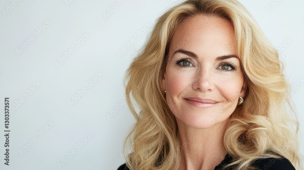 Happy smiling attractive 50s middle aged blonde woman looking at camera advertising antiage face skin and aging hair care treatment and cosmetics isolated on white background. Close up portrait. Happy smiling attractive 50s middle aged blonde woman looking at camera advertising antiage face skin and aging hair care treatment and cosmetics isolated on white background. Close up portrait.