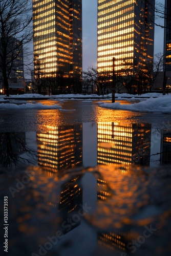 City skyscrapers reflected in puddle at dusk. Commercial or travel use