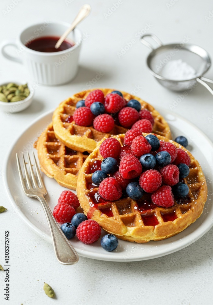 Norwegian waffles infused with cardamom and topped with a vibrant mix of berries, perfect for a tasty treat. Norwegian waffles infused with cardamom and topped with a vibrant mix of berries, perfect for a tasty treat.
