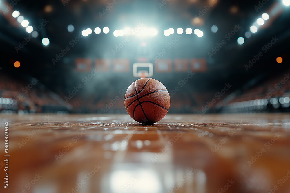 A single basketball resting at the center of a dimly lit indoor basketball arena A single basketball resting at the center of a dimly lit indoor basketball arena