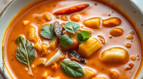 A vibrant bowl of creamy soup featuring fresh vegetables, aromatic herbs, and spices, creating a comforting and flavorful culinary experience ideal for any meal.   