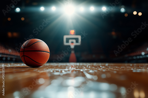 A single basketball resting at the center of a dimly lit indoor basketball arena
