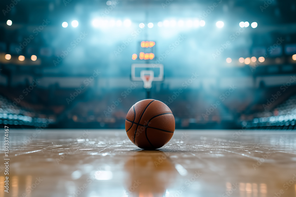 A single basketball resting at the center of a dimly lit indoor basketball arena