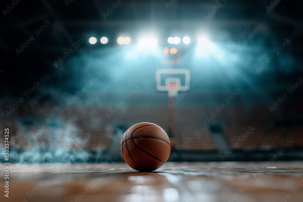A single basketball resting at the center of a dimly lit indoor basketball arena A single basketball resting at the center of a dimly lit indoor basketball arena
