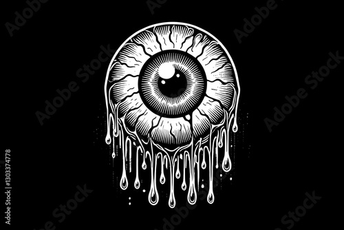 Dark art hand holding eye black and white illustration