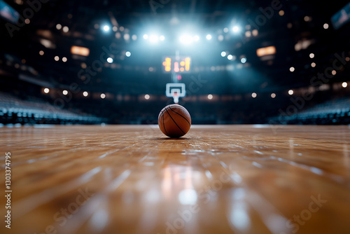 A single basketball resting at the center of a dimly lit indoor basketball arena