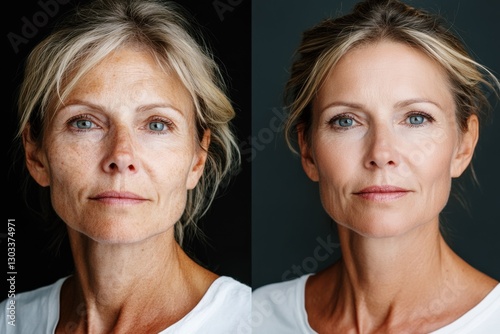 Obraz na płótnie Before and after comparison of a 50-year-old woman highlighting skin transformation, reducing wrinkles and redness w salonie