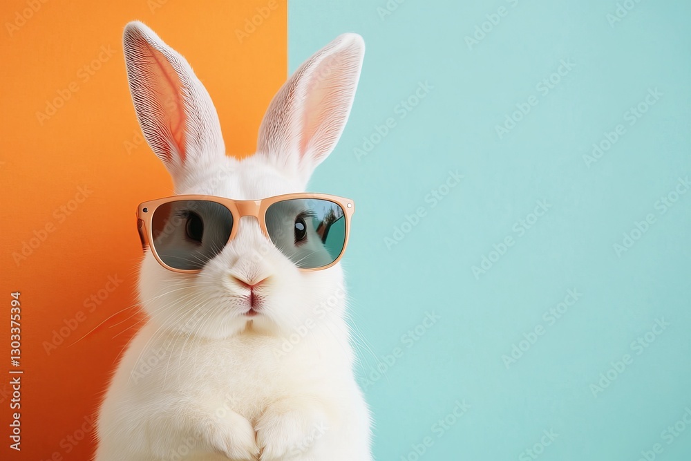 Fototapeta premium Cute white Easter bunny wearing sunglasses on colorful background. AI generated image