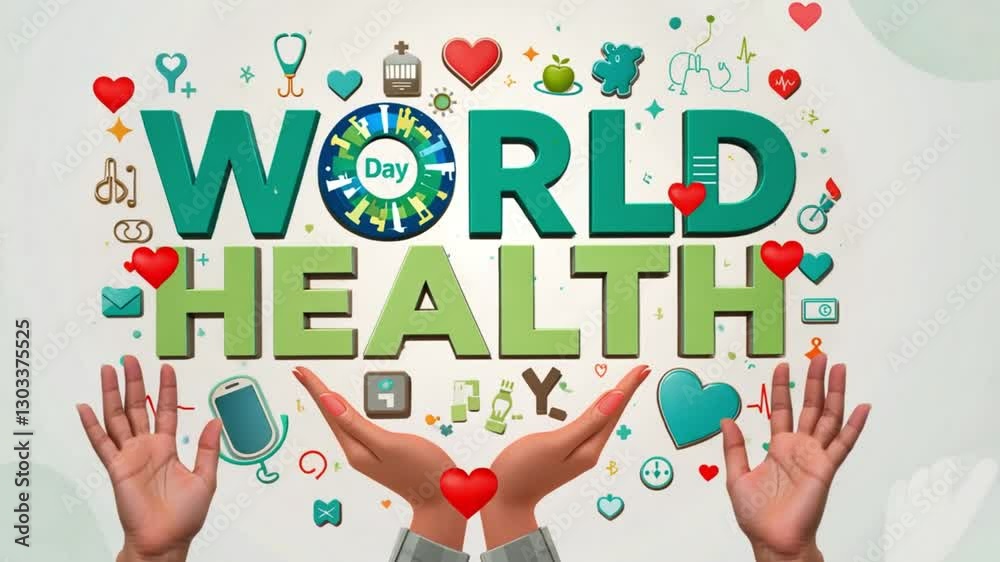 WORLD HEALTH: Bold Green Text with Circular Day Logo, Health-Related Icons, and Hands Holding a Red Heart Symbolizing Care and Support WORLD HEALTH: Bold Green Text with Circular Day Logo, Health-Related Icons, and Hands Holding a Red Heart Symbolizing Care and Support