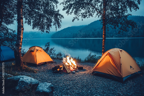 Cozy camping with tents and a bonfire on the shore of the lake photo