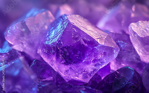 Stunning close-up of vibrant purple crystals showcasing intricate facets and reflections. photo