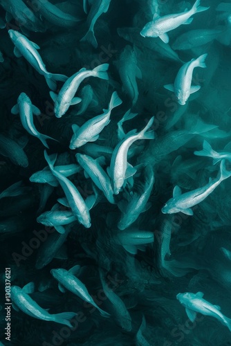 School of fish swimming together in dark waters for commercial fishing concepts