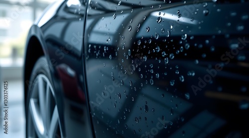 Close-up view of a black car with water droplets on its shiny surface, showcasing the elegance and detail of automotive design in a modern environment.  