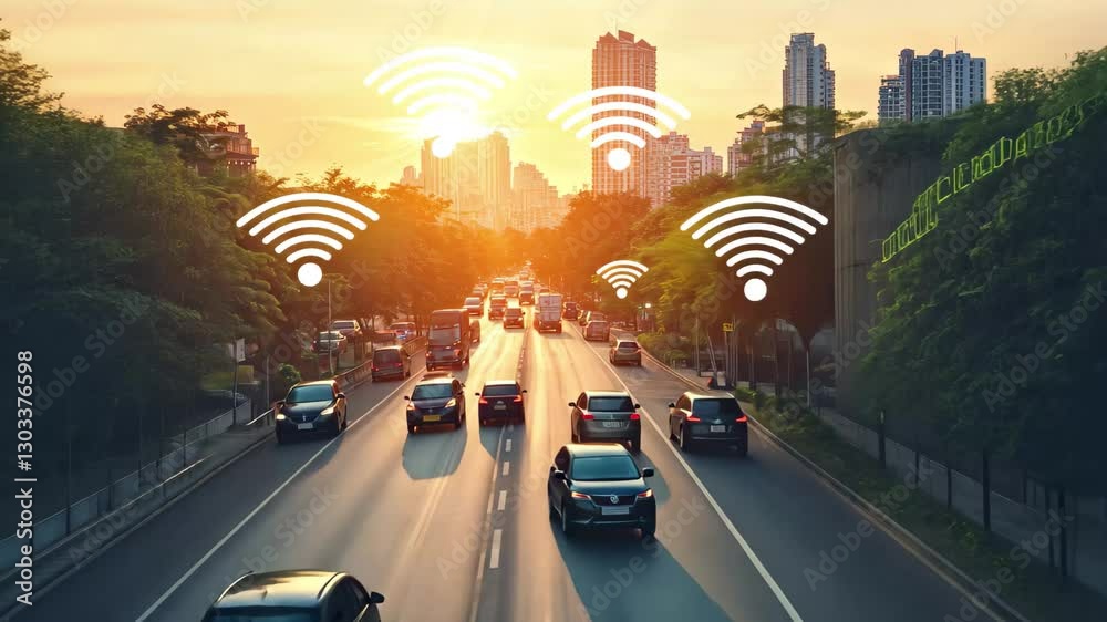 Modern city street at sunset with wireless network symbols indicating connectivity, Modern city with wireless network connection concept