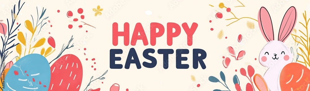 Cute Easter banner with bunny, eggs, and flowers. AI generated image Cute Easter banner with bunny, eggs, and flowers. AI generated image