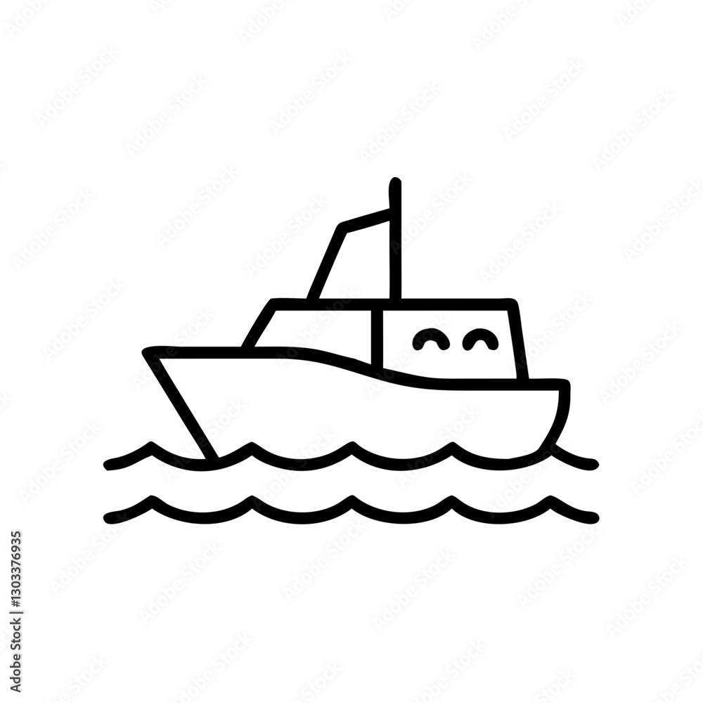 Boat icon sailing on waves, cheerful design, black outline, modern design Boat icon sailing on waves, cheerful design, black outline, modern design