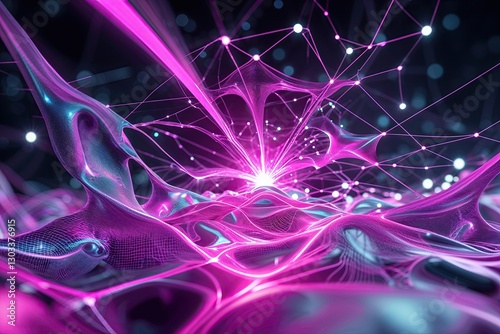 Vibrant Technology Scene Featuring Spirited Magenta Flare with Fluid Forms and Mesh Networks