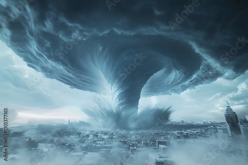 A hyper-detailed ice fog tornado violently spinning towards the camera over a snow-covered city.