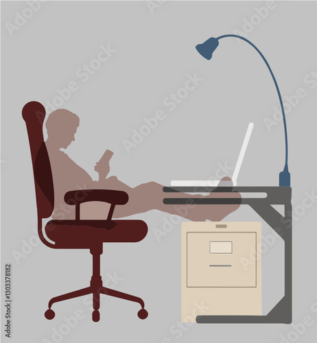 An unproductive  ghost employee, a non-exsistent employee, sits at an office desk. Occupational fraud includes ghost employee scams to steal payroll and ghost employment ads to steal personal informat