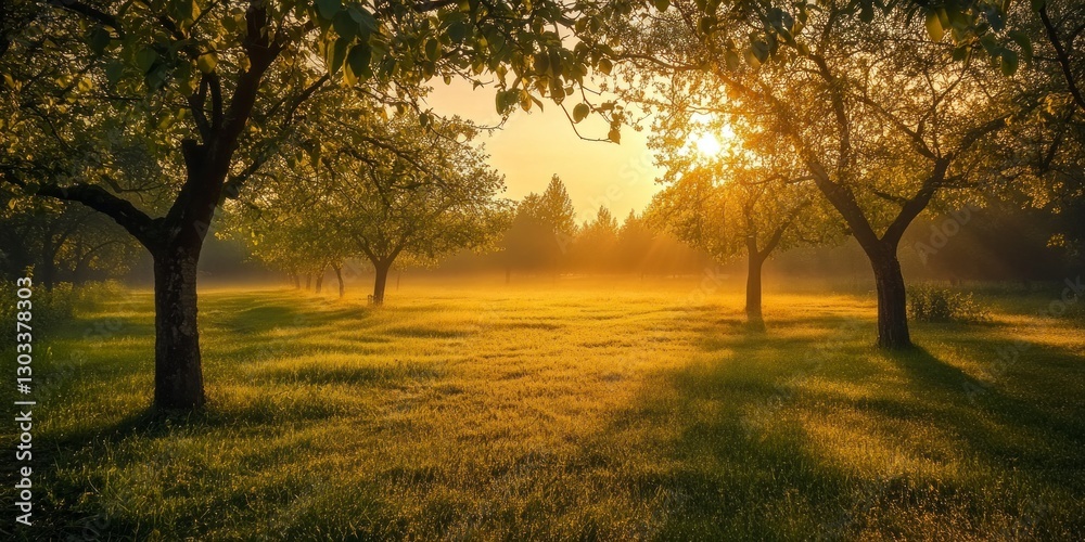 sunrise over an orchard, casting long shadows and illuminating the dew-covered grass in front of it. The trees stand tall against the golden sky, their leaves glistening with morning light sunrise over an orchard, casting long shadows and illuminating the dew-covered grass in front of it. The trees stand tall against the golden sky, their leaves glistening with morning light