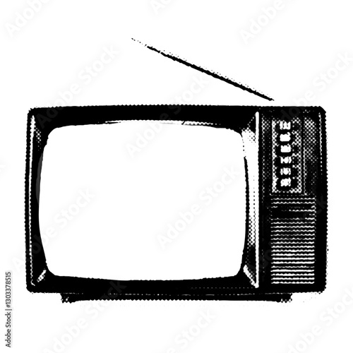 Vintage television halftone collage element with retro dotted texture. An old TV cut out of a magazine with a transparent display for copying. Vector illustration isolated on transparent background